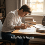 A professional man sitting at a desk writing on papers next to a laptop and books, representing a job seeker using action verbs for a resume.