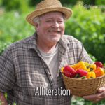 A smiling man in a straw hat holding a basket of peppers, illustrating the Peter Piper alliteration example.