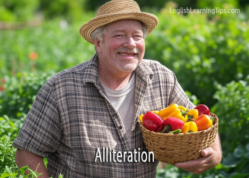 A smiling man in a straw hat holding a basket of peppers, illustrating the Peter Piper alliteration example.
