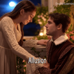 An artistic depiction of the Romeo and Juliet balcony scene used to explain the literary device of allusion.