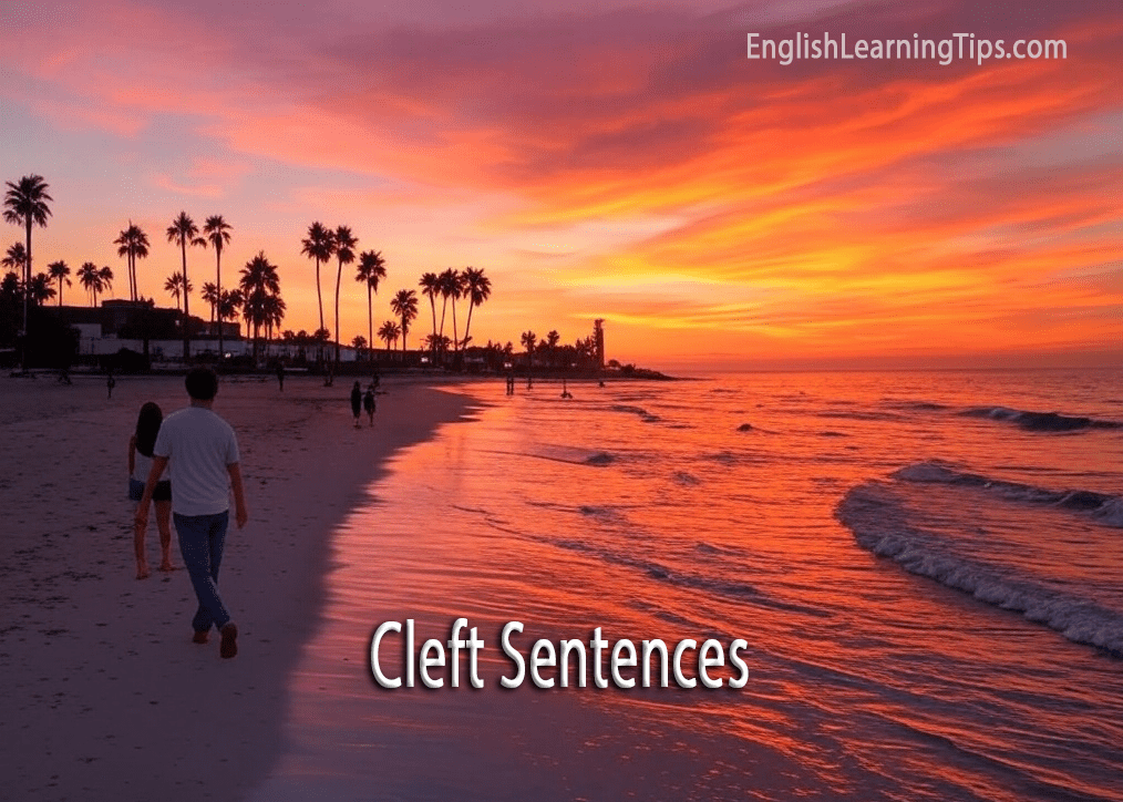 A person walking on a beach at sunset with the text "Cleft Sentences" overlaid on the image.
