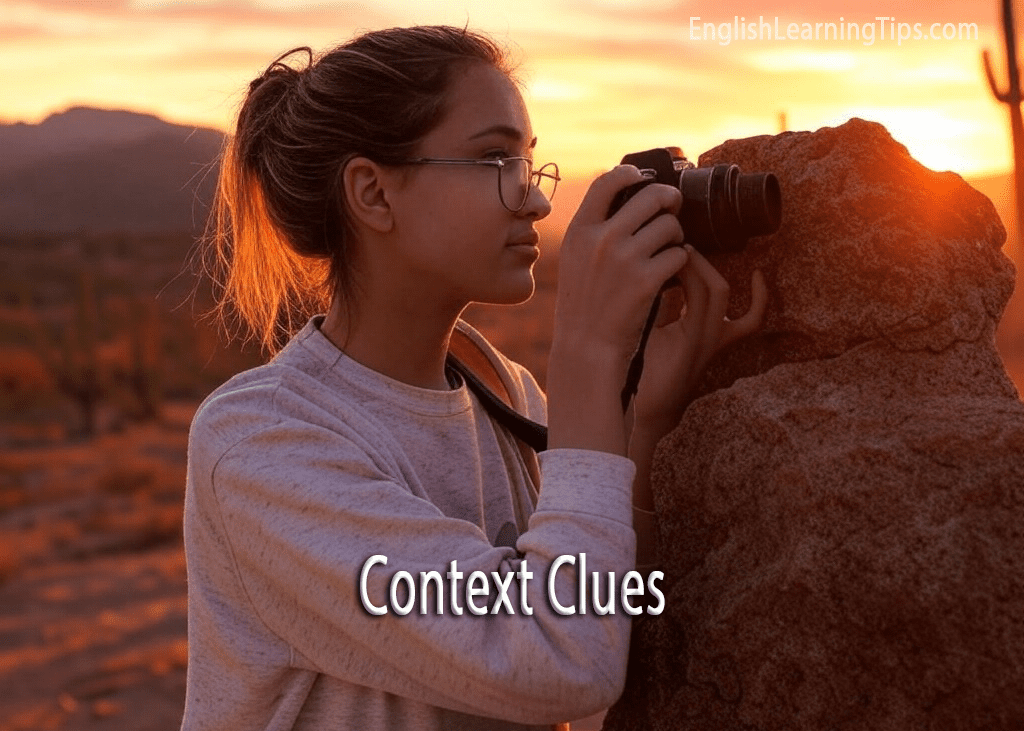 A young woman with glasses using a camera to focus on a desert landscape, used as a metaphor for focusing on context clues in a text.