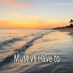 A sunset over an ocean beach with waves gently hitting the shore, featuring the text "Must vs Have to" centered at the bottom.