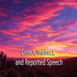 A desert sunset landscape with a cactus and the text "Direct, Indirect, and Reported Speech" overlaying the sky.