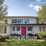 A white two-story house with a pink front door and green lawn, featuring the text "Home vs House" to illustrate the difference between a building and a residence.