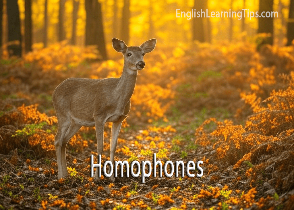 A deer standing in a golden forest with the word Homophones centered at the bottom to illustrate the homophone pair dear and deer.