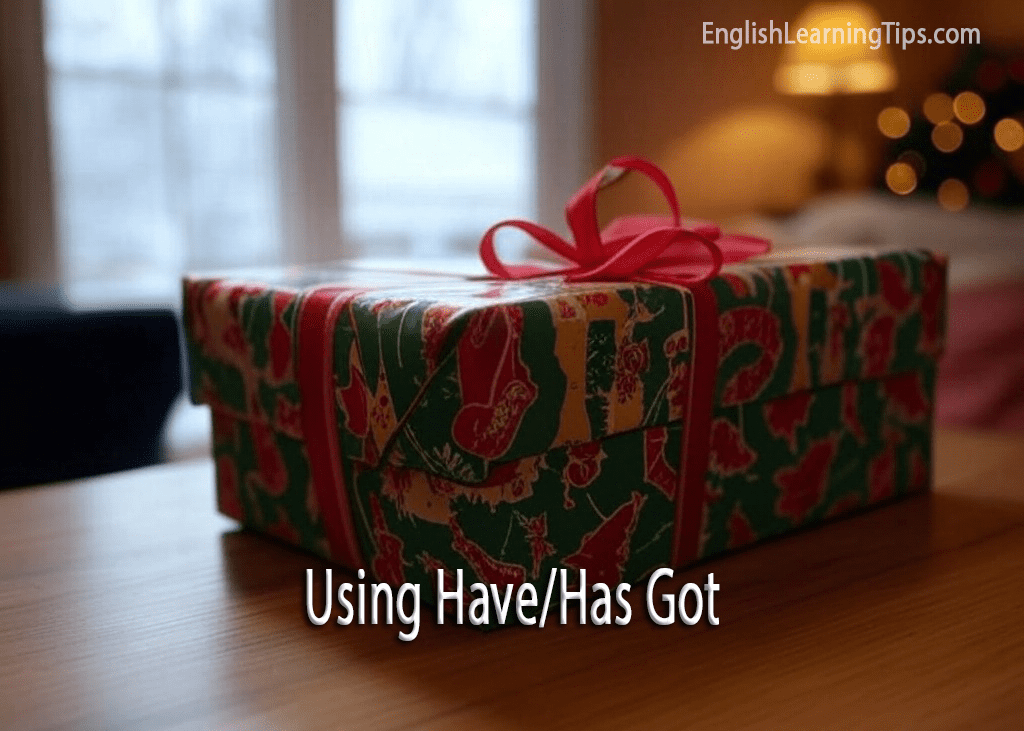 A wrapped Christmas gift on a wooden table with text overlay reading "Using Have/Has Got."