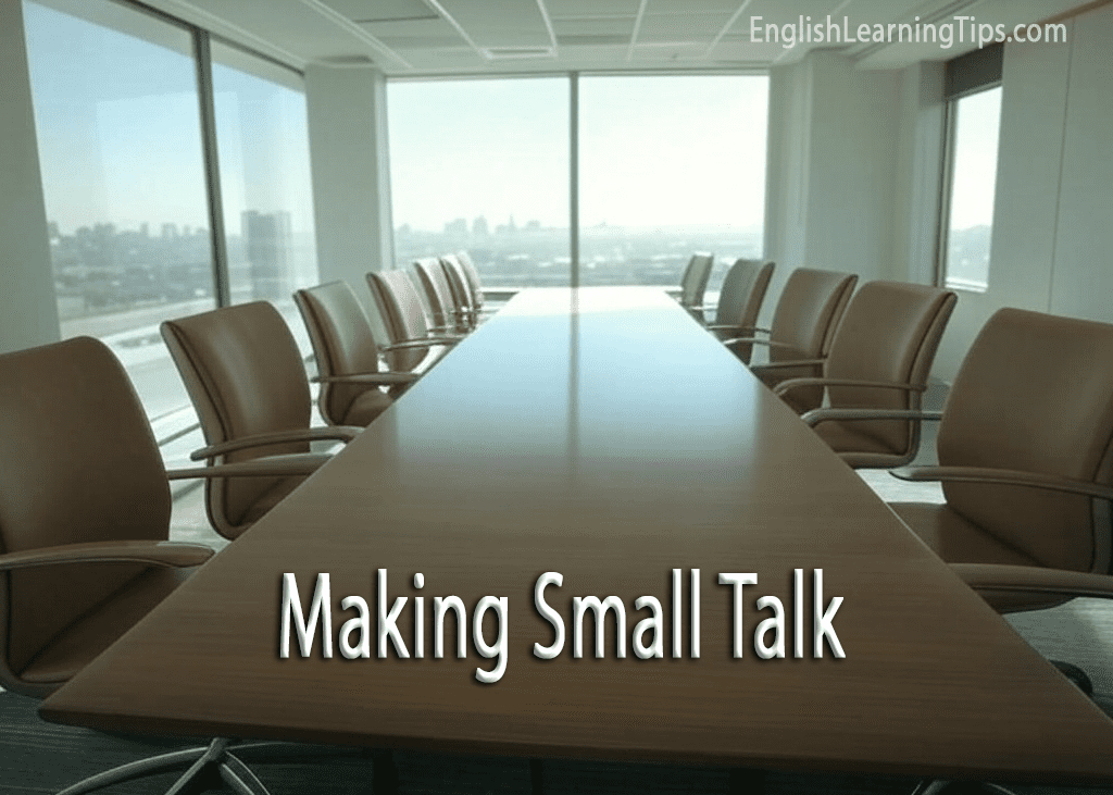 A professional empty conference room with a large wooden table and brown leather chairs overlooking a city skyline, featuring the text "Making Small Talk."