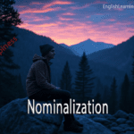 A person sitting on a rock in a mountain landscape with the text Nominalization and happiness overlaid.