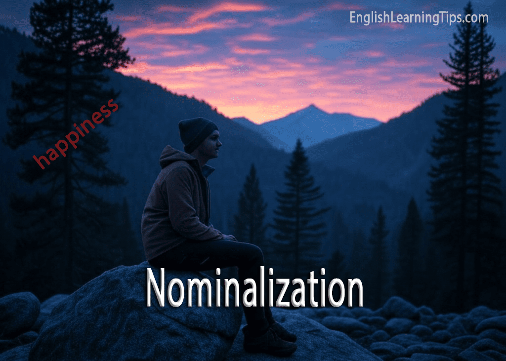 A person sitting on a rock in a mountain landscape with the text Nominalization and happiness overlaid.