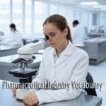 A female scientist in a white lab coat using a microscope in a modern pharmaceutical laboratory setting.