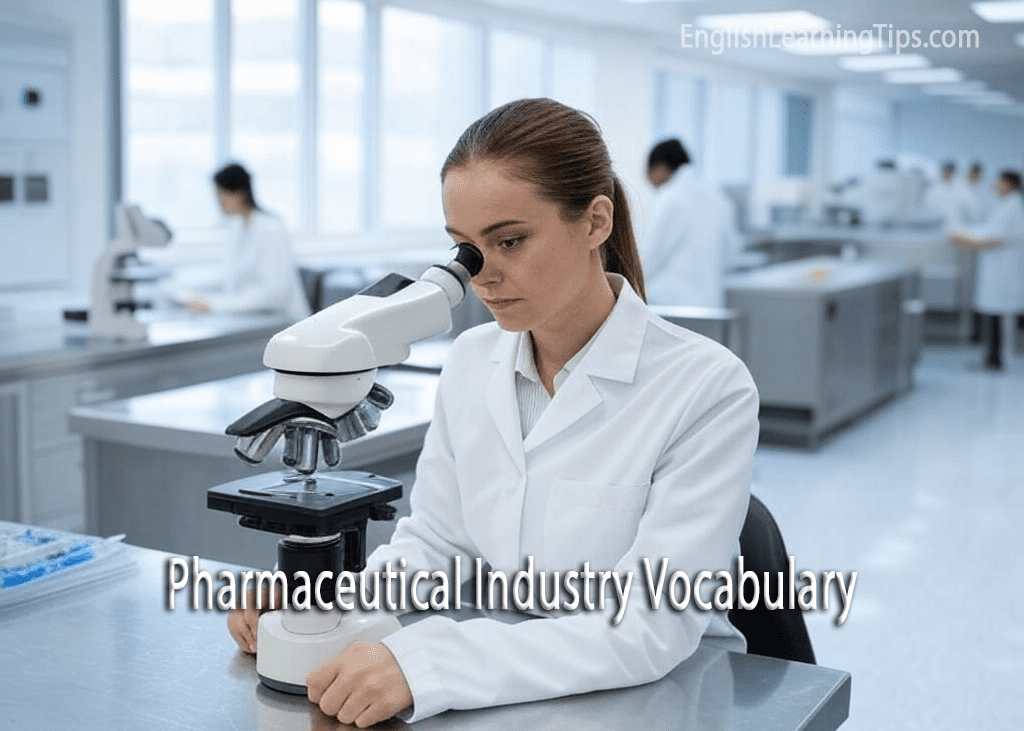 A female scientist in a white lab coat using a microscope in a modern pharmaceutical laboratory setting.