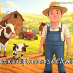A friendly farmer in blue overalls standing on a farm with a cow, calf, horse, and red tractor, featuring the text "Pronouncing Consonants and Vowels."