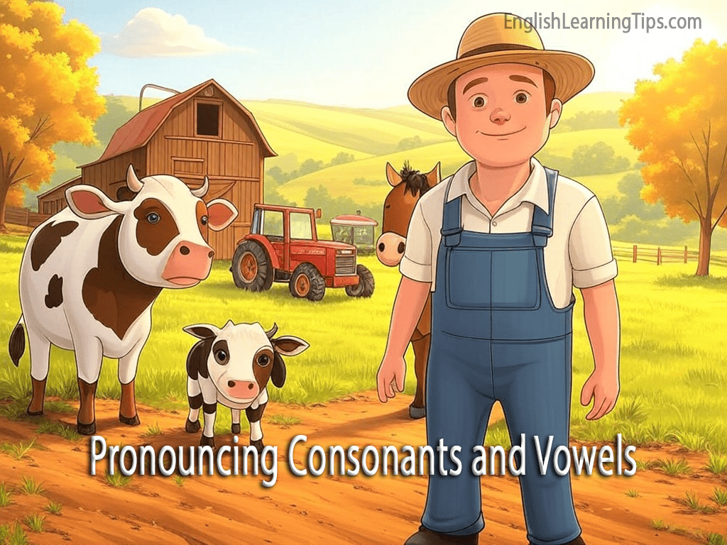 A friendly farmer in blue overalls standing on a farm with a cow, calf, horse, and red tractor, featuring the text "Pronouncing Consonants and Vowels."
