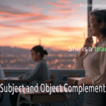 A teacher standing in a classroom at sunset with text overlay "She is a teacher" illustrating a subject complement example.