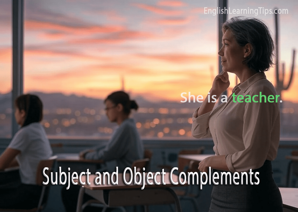 A teacher standing in a classroom at sunset with text overlay "She is a teacher" illustrating a subject complement example.