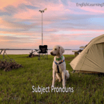 A white puppy sitting in front of a tent at a campsite with text overlay reading Subject Pronouns.