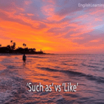 A person walking on a beach during a vibrant orange and pink sunset with text overlay reading 'Such as' vs 'Like'.