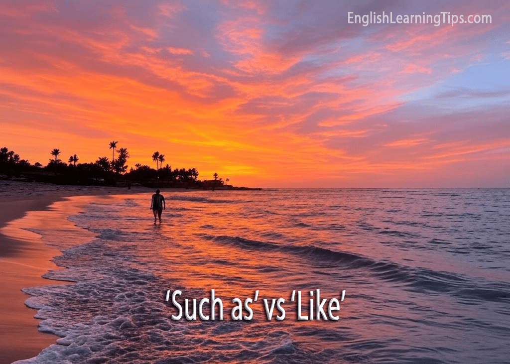 A person walking on a beach during a vibrant orange and pink sunset with text overlay reading 'Such as' vs 'Like'.
