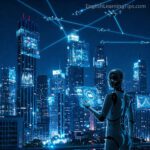A futuristic robot overlooking a glowing digital city with data screens and interconnected drones, representing artificial intelligence and advanced technology.