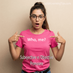 A woman in a pink shirt pointing to herself with the text "Who, me? Subjective vs Objective Pronouns."