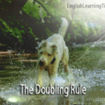 A white dog running through a stream with the text "The Doubling Rule" overlaid, illustrating the spelling rule for the word running.