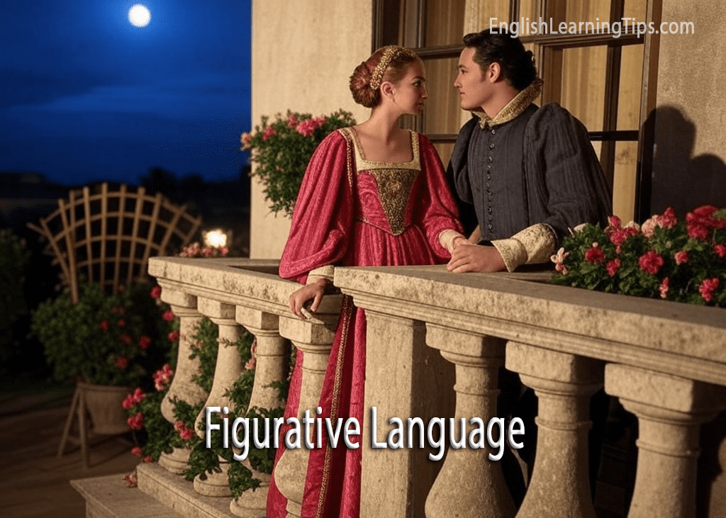 A man and woman in Renaissance clothing on a balcony at night, illustrating an allusion to Romeo and Juliet as an example of figurative language.