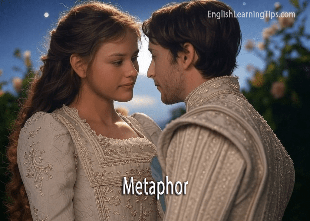 A young couple in medieval attire representing Romeo and Juliet to illustrate a metaphor.