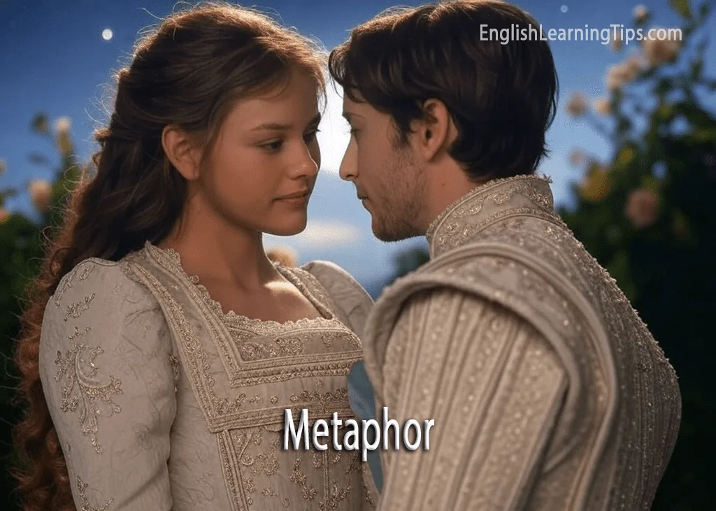 A young couple in medieval attire representing Romeo and Juliet to illustrate a metaphor.