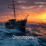 Old wooden ship tossing on rough sea waves at sunset with the word Onomatopoeia.
