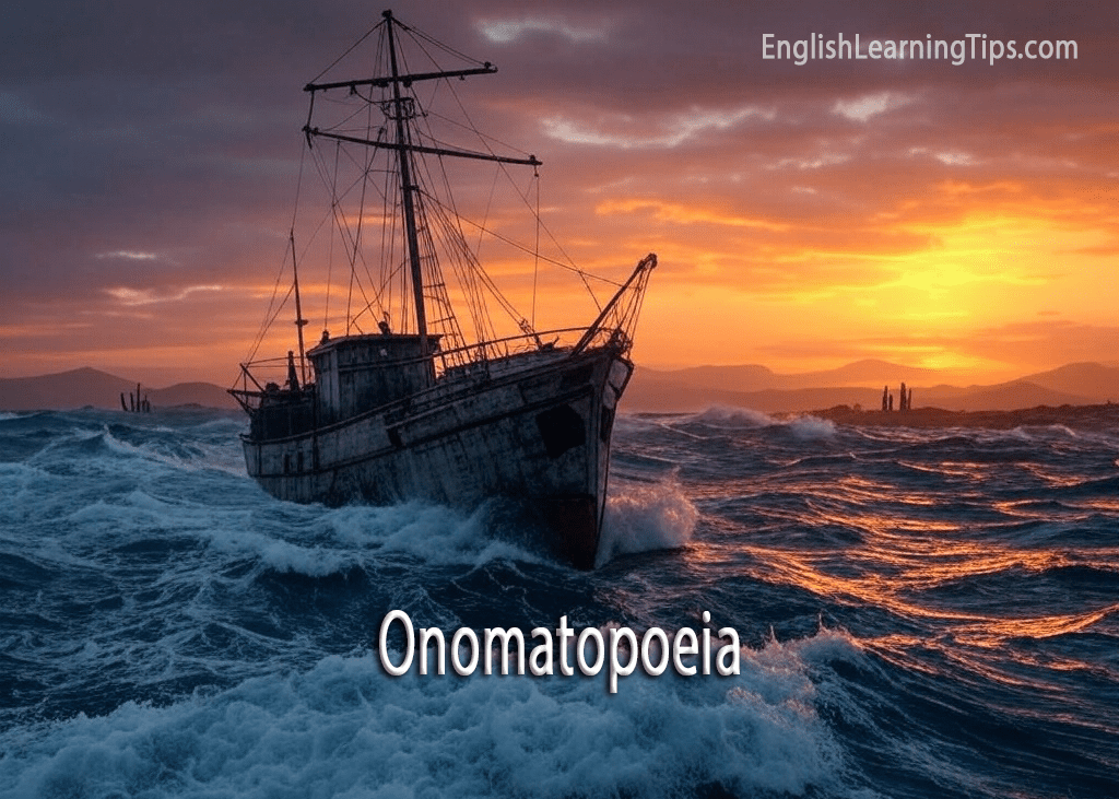 Old wooden ship tossing on rough sea waves at sunset with the word Onomatopoeia.