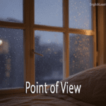An indoor view of a rainy window from a bedroom, illustrating a first-person narrative perspective.