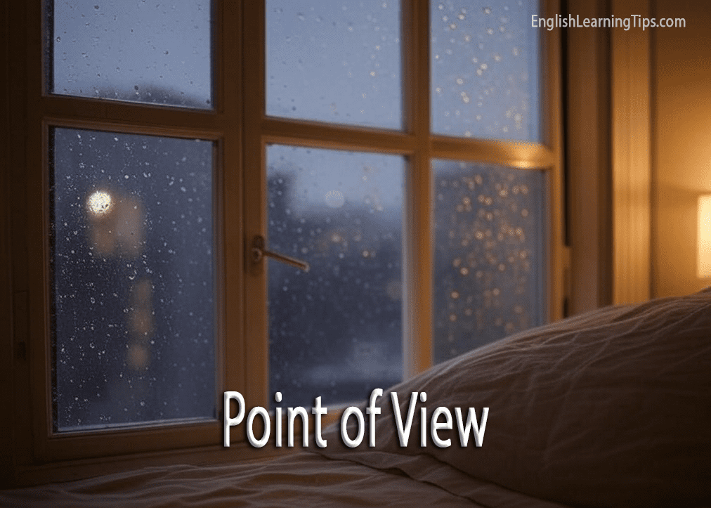 An indoor view of a rainy window from a bedroom, illustrating a first-person narrative perspective.