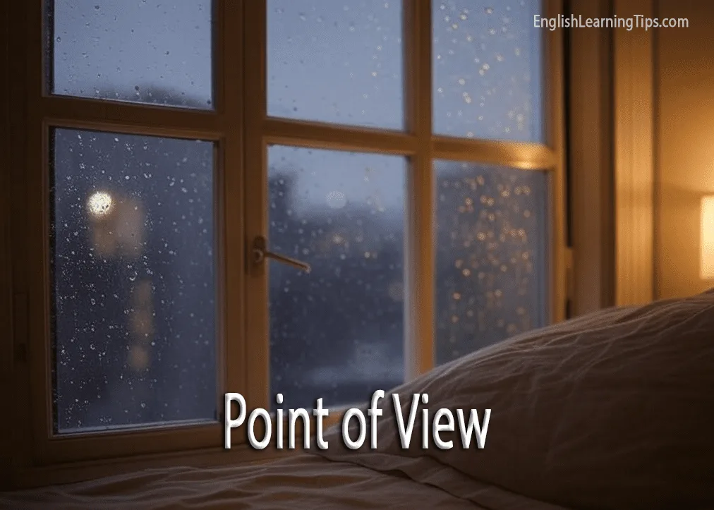 An indoor view of a rainy window from a bedroom, illustrating a first-person narrative perspective.