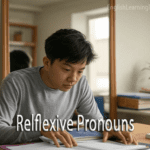 A young man sitting at a desk studying a book, with the text "Reflexive Pronouns" overlaid on the image.