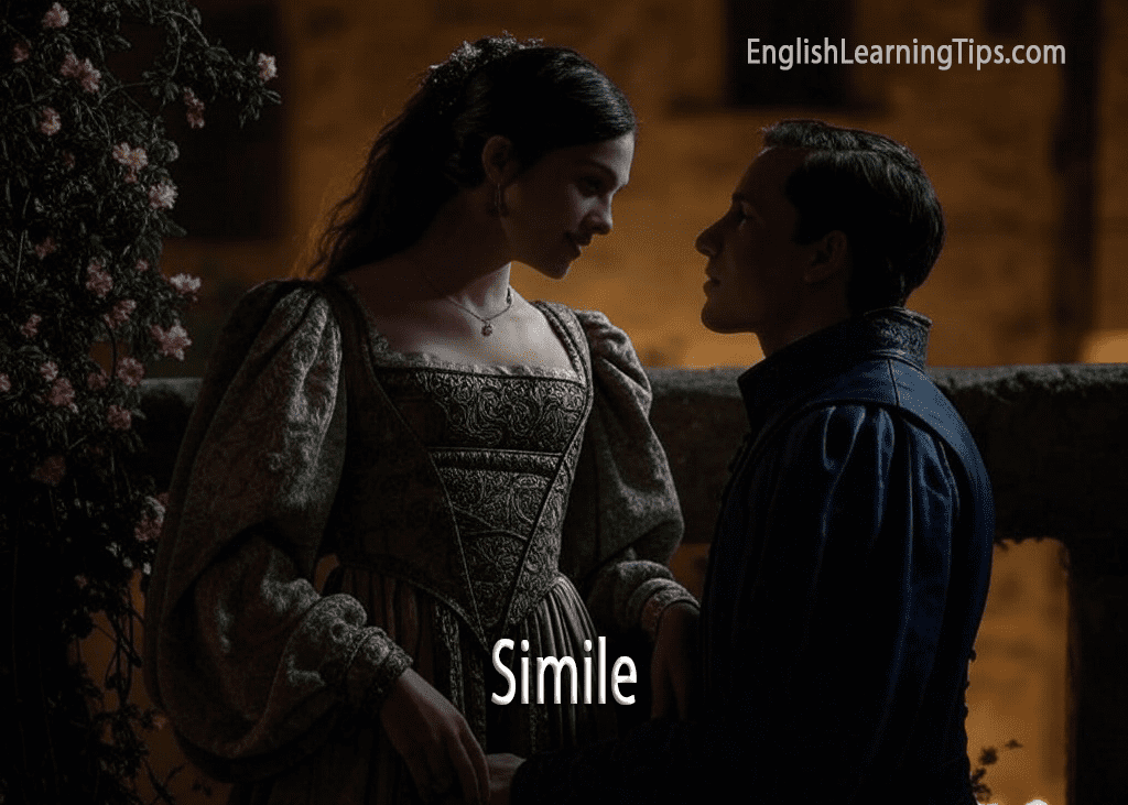 A man and woman in Renaissance clothing on a balcony representing Romeo and Juliet, used to illustrate a simile example.