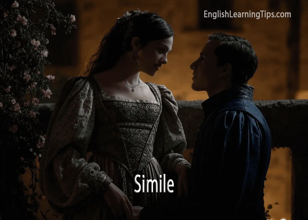 A man and woman in Renaissance clothing on a balcony representing Romeo and Juliet, used to illustrate a simile example.