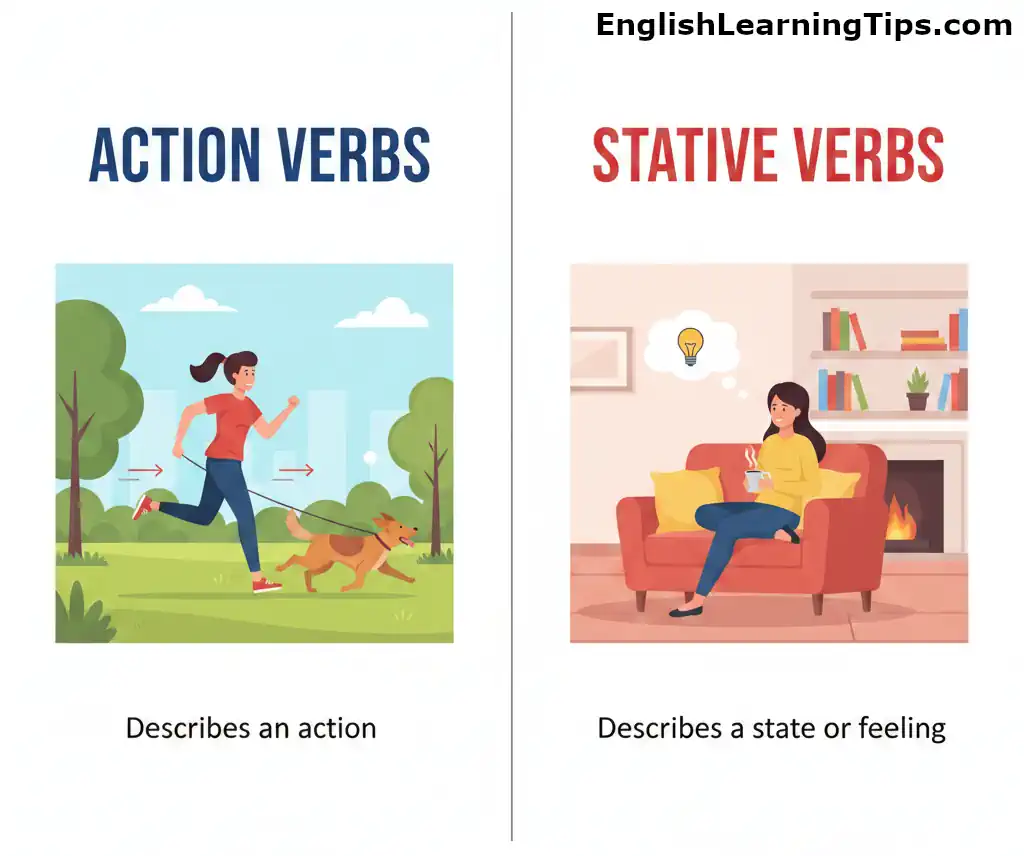 A side-by-side comparison chart showing a woman running with a dog as an action verb and a woman sitting and thinking as a stative verb.