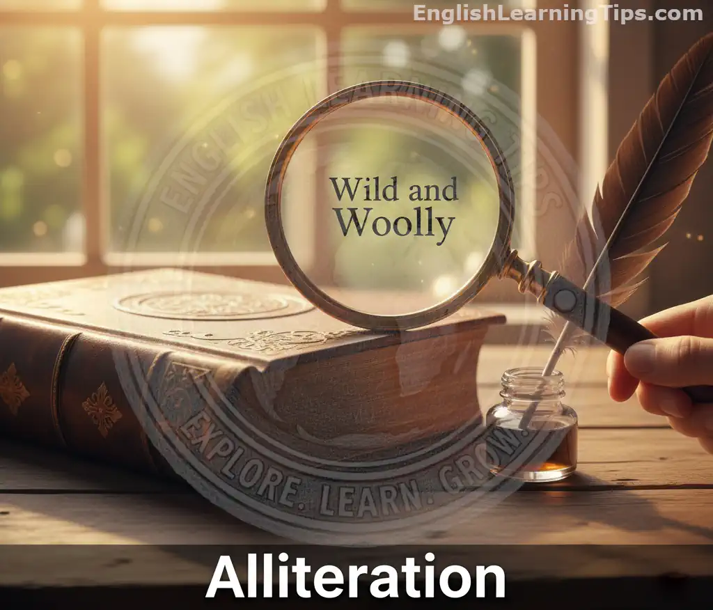 A magnifying glass over a book page highlighting the alliterative phrase "Wild and Woolly" next to an inkwell and quill.