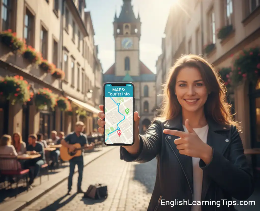 smiling woman in a European city holding a smartphone showing a map route for tourist information.