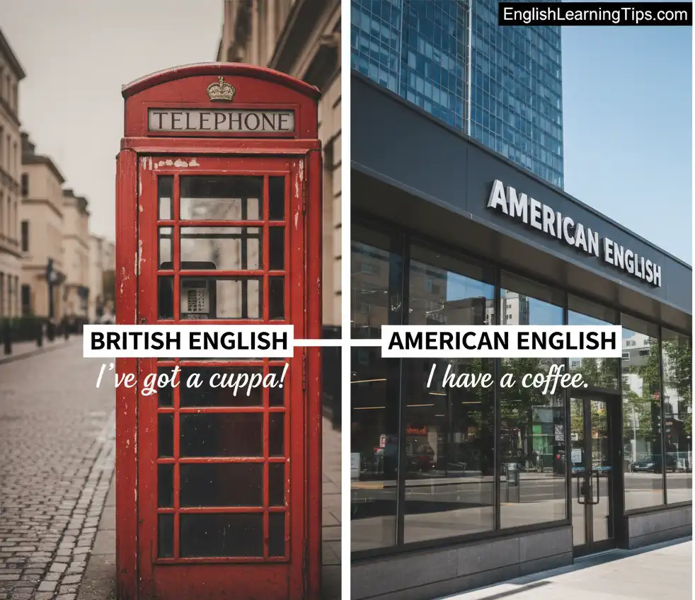 A side-by-side comparison of British and American English usage: a red London phone booth with "I've got a cuppa" and a modern building with "I have a coffee."