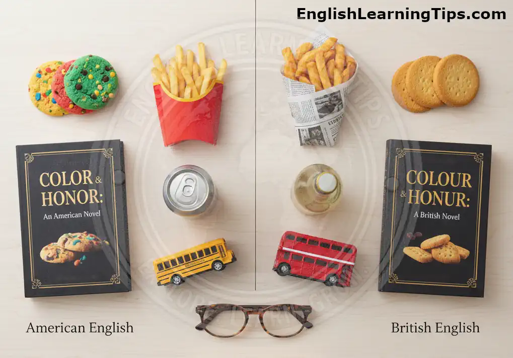 A side-by-side comparison of American and British English terms showing cookies versus biscuits, French fries versus chips, and spelling differences on book covers.