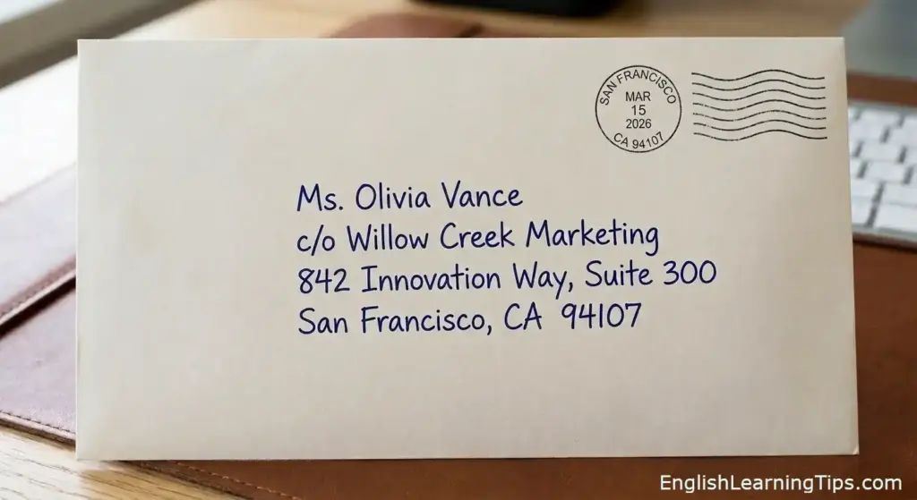 A close-up photograph of a standard white business envelope on a wooden desk. Hand-written in blue pen in the center is the mailing address: Ms. Olivia Vance, c/o Willow Creek Marketing, 842 Innovation Way, Suite 300, San Francisco, CA 94107. The background is a soft-focus desk with a computer keyboard and leather blotter.