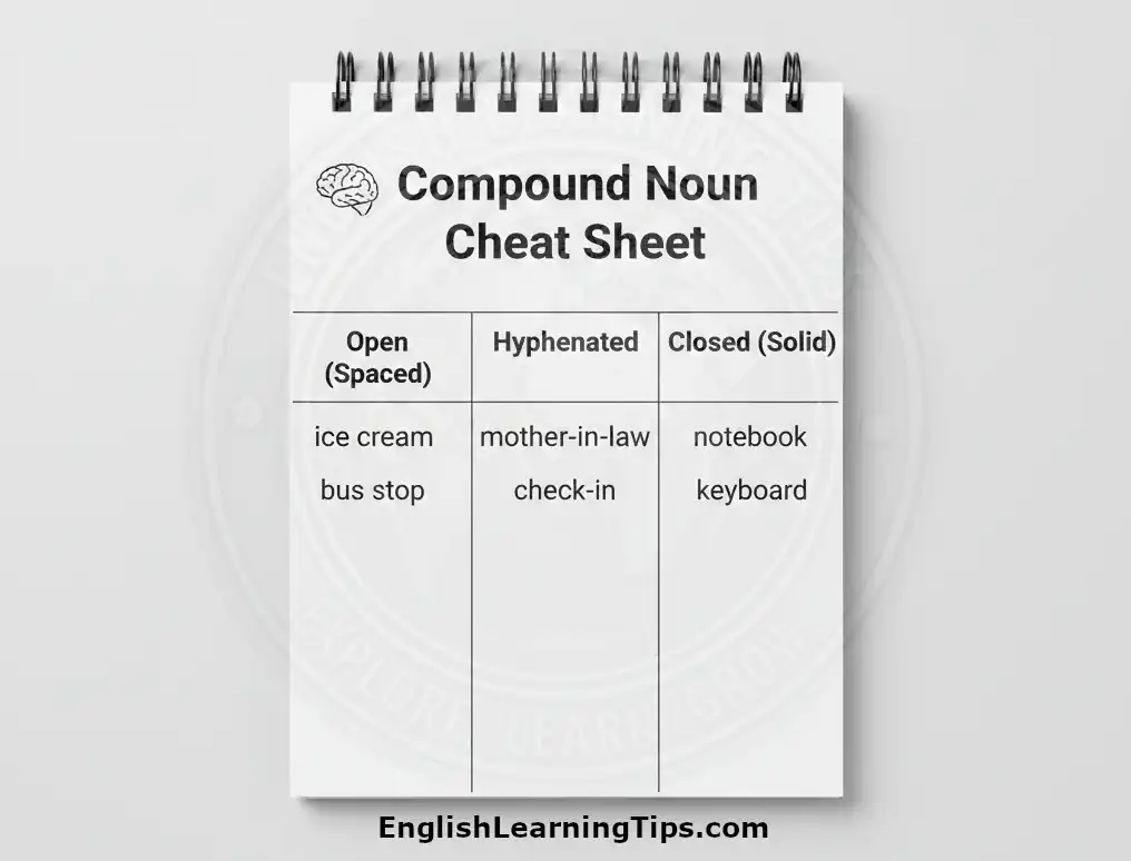 A graphic chart titled "Compound Noun Cheat Sheet" categorizing examples into open, hyphenated, and closed types.