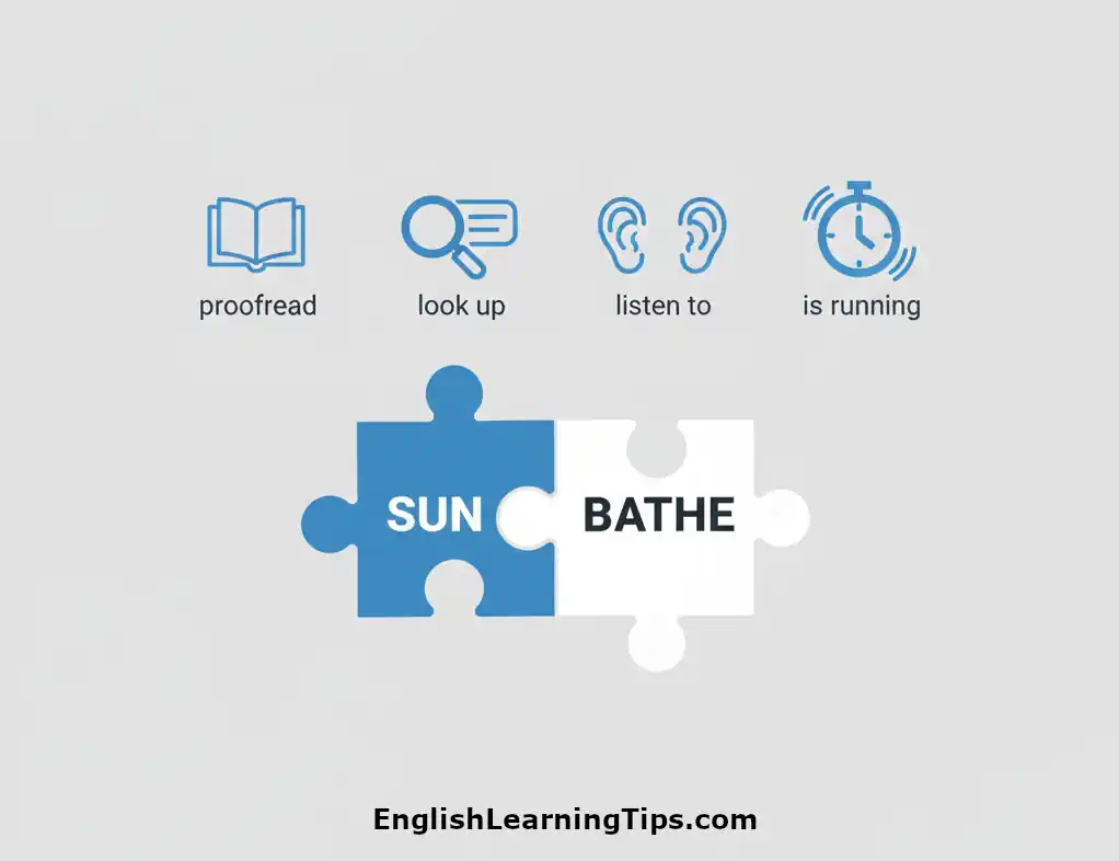 Infographic showing two puzzle pieces labeled SUN and BATHE joining together, with icons for proofread, look up, listen to, and is running.