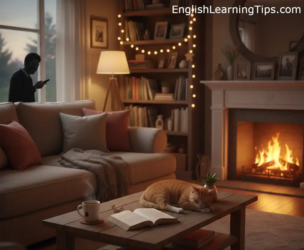 A cozy living room with a fireplace, a sleeping cat on a wooden table, and warm lighting to illustrate the emotional concept of a home.