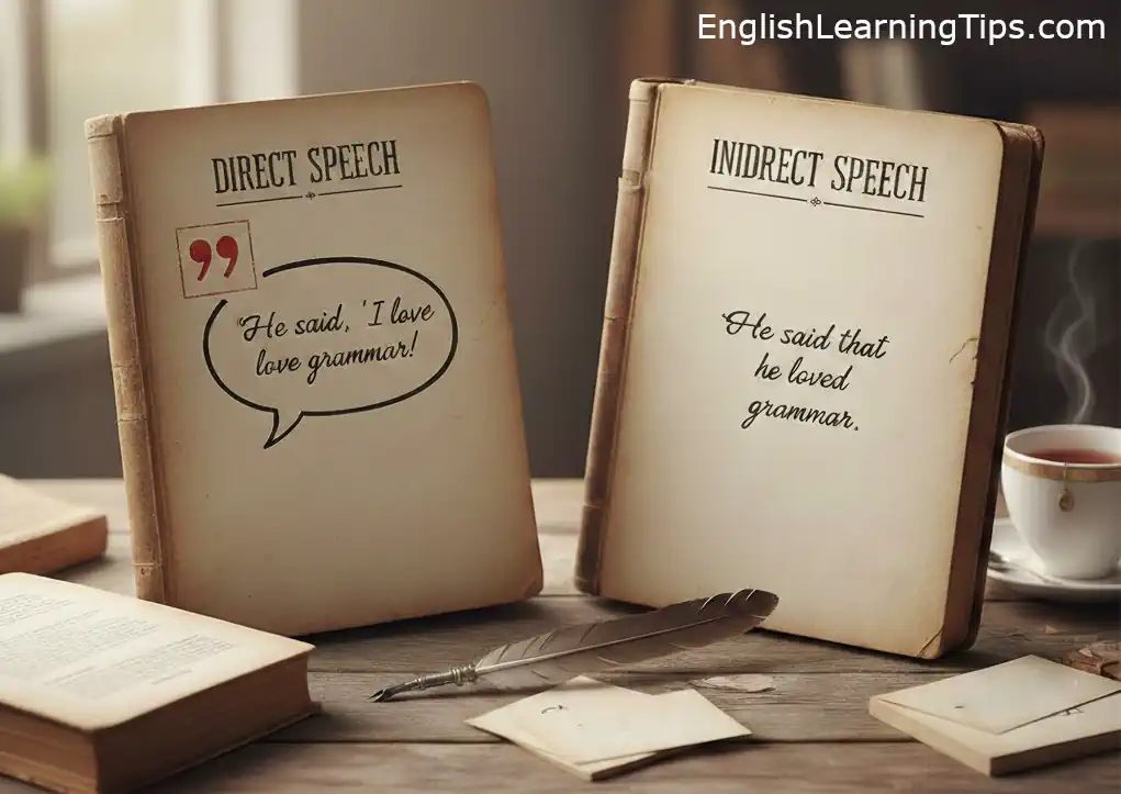 Two vintage books on a wooden desk showing the difference between direct speech with quotation marks and indirect reported speech.