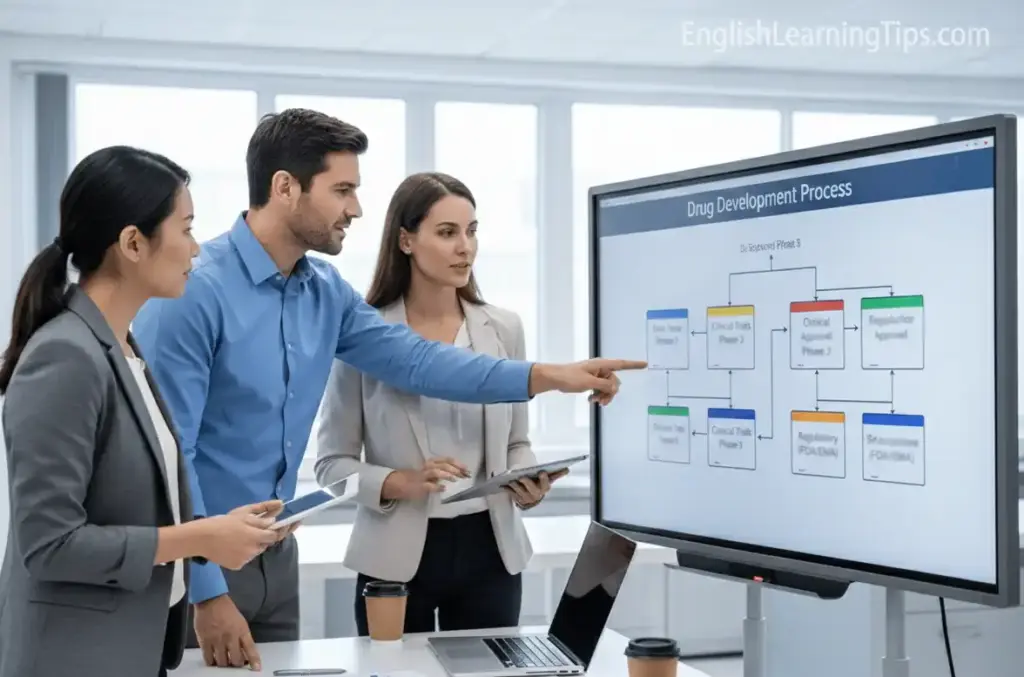 A diverse team of pharmaceutical professionals in a meeting room discussing a drug development process flowchart on a large digital screen.