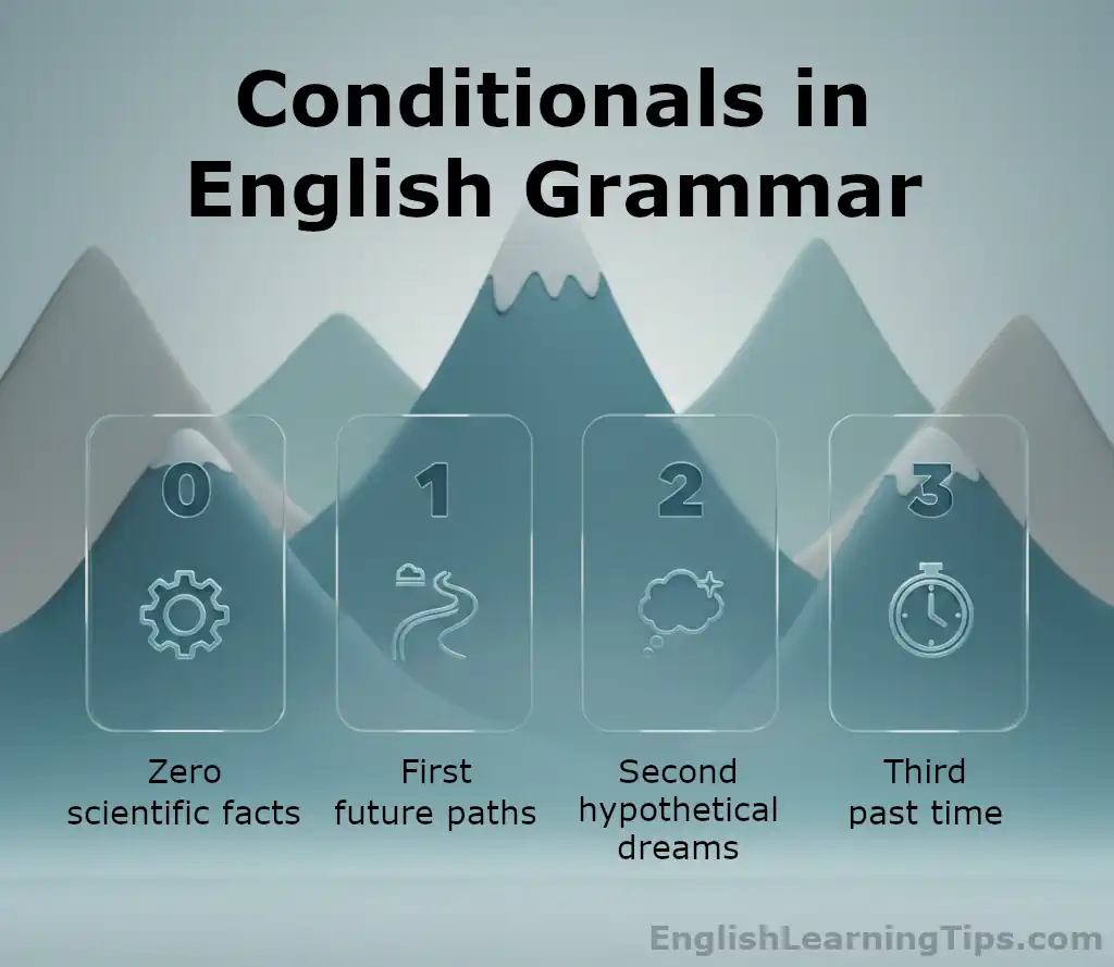 A 3D minimalist infographic showing four glass cards numbered 0 to 3 with icons for English grammar conditionals against a blue mountain background.