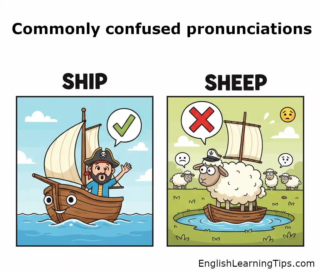 A side-by-side cartoon comparison showing a pirate on a sailing ship versus a sheep wearing a captain's hat in a tiny boat to illustrate English vowel pronunciation differences.